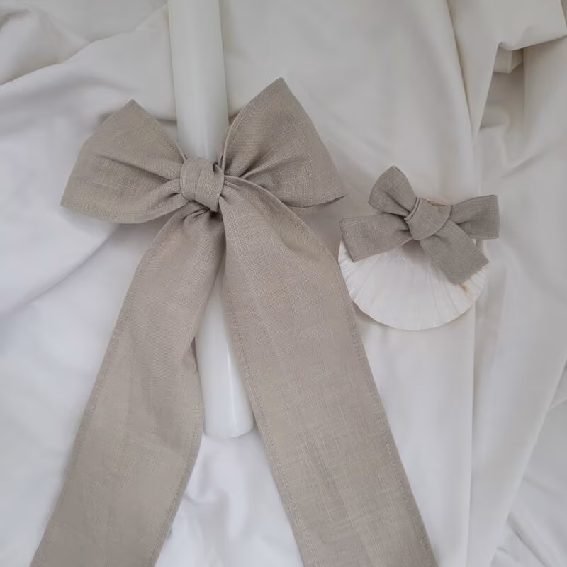 Conjunto vela e concha laço linho taupe